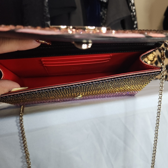 Christian Louboutin Elegant Gold and Pink Crystal Clutch with Chain - Picture 5 of 5